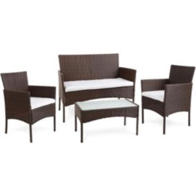 Salon de Jardin Resine Tressee Marron Beige Canape + 2 fauteuils + 1 Table Basse + Coussins  Dehoussable