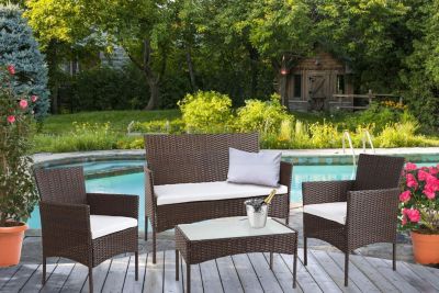 Salon de Jardin Resine Tressee Marron Beige Canape + 2 fauteuils + 1 Table Basse + Coussins  Dehoussable