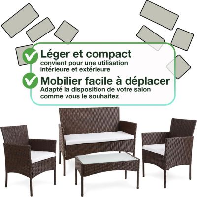 Salon de Jardin Resine Tressee Marron Beige Canape + 2 fauteuils + 1 Table Basse + Coussins  Dehoussable