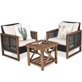 Salon de Jardin Rotin Marron - Fauteuils et Table Basse Bois Acacia - Coussins Lavables - Accoudoirs