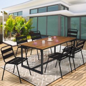 Salon de jardin SOHO table 150 cm acier + acacia et 6 chaises empilables noires