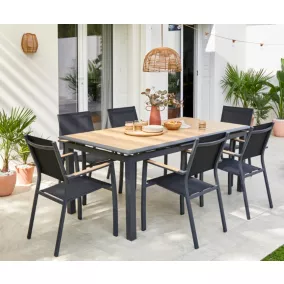 Salon de jardin table et chaises graphite et imitation bois 6 personnes Cubic Proloisirs