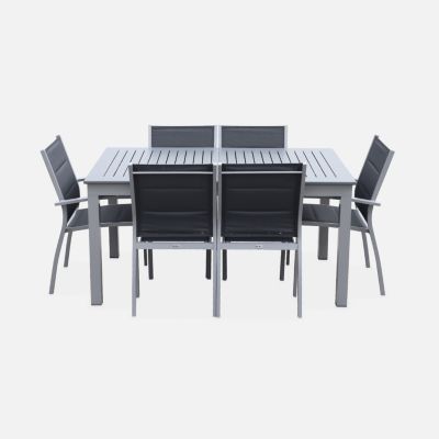 Salon de jardin table extensible - Chicago 210 Gris - Table en aluminium 150/210cm avec rallonge et 6 assises en textilène