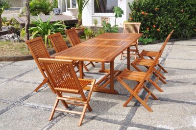 Salon de jardin Teck huilé 8 personnes - Table rectangle + 8 chaises LUBOK
