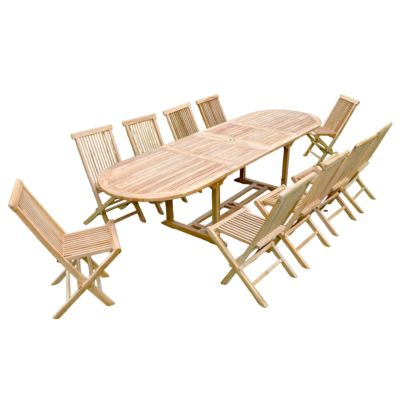 Salon de jardin Teck massif 10-12 personnes - Table ovale + 10 chaises Kajang