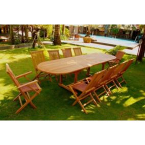 Salon de jardin Teck massif 10 à 12 personnes - Table ovale + 8 chaises + 2 fauteuils Kajang