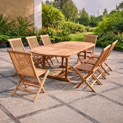 Salon de jardin Teck massif 8 à 10 personnes - Table ovale + 8 chaises KAJANG