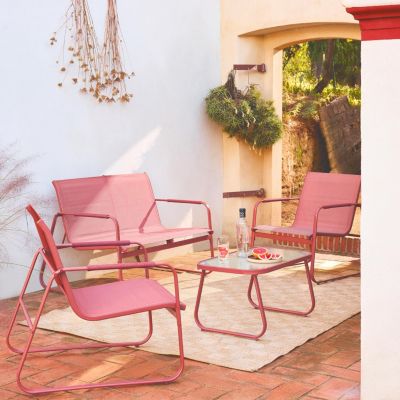 Salon de jardin terracotta NOTO acier. 4 places. un canapé. une table. deux fauteuils textilene