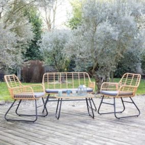 Salon de jardin TIGA en résine tressée 4 places - coussins gris - Happy Garden