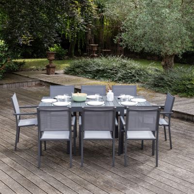 Salon de jardin VENEZIA extensible 90/180 en textilène gris 8 places - aluminium anthracite - Happy Garden