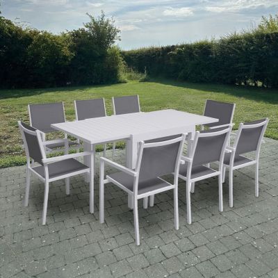 Salon de jardin VENEZIA extensible 90/180 en textilène gris 8 places - aluminium blanc - Happy Garden