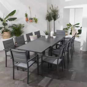 Salon de jardin VENEZIA extensible en textilène gris 10 places - aluminium anthracite - Happy Garden