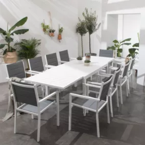 Salon de jardin VENEZIA extensible en textilène gris 10 places - aluminium blanc - Happy Garden