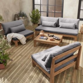 Salon de jardin XXL en bois brossé. effet blanchi   BAHIA   coussins anthracite. ultra confortable. 5 places