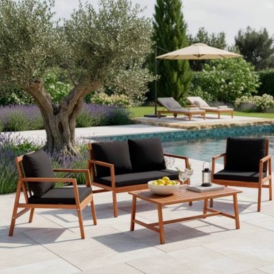 Salon de  terrasse bois avec 1 canapé, 2 fauteuils et table basse noir  Oviala