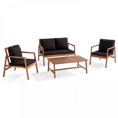 Salon de  terrasse bois avec 1 canapé, 2 fauteuils et table basse noir  Oviala