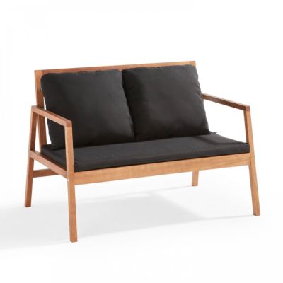 Salon de  terrasse bois avec 1 canapé, 2 fauteuils et table basse noir  Oviala