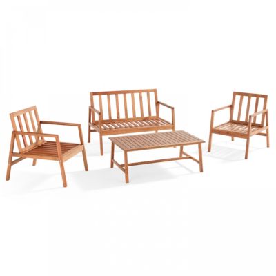 Salon de  terrasse bois avec 1 canapé, 2 fauteuils et table basse noir  Oviala