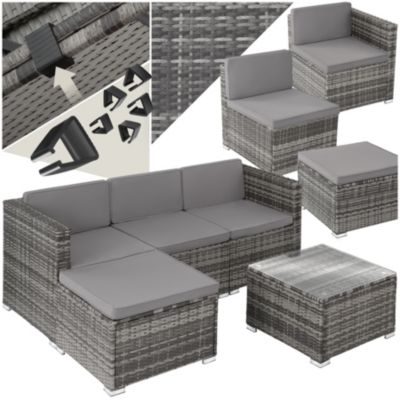 Salon en rotin gris modulable 5 pièces cadre acier housses lavables table verre 61x61cm