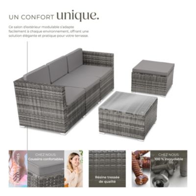 Salon en rotin gris modulable 5 pièces cadre acier housses lavables table verre 61x61cm