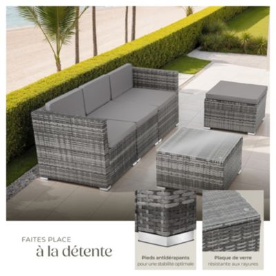 Salon en rotin gris modulable 5 pièces cadre acier housses lavables table verre 61x61cm