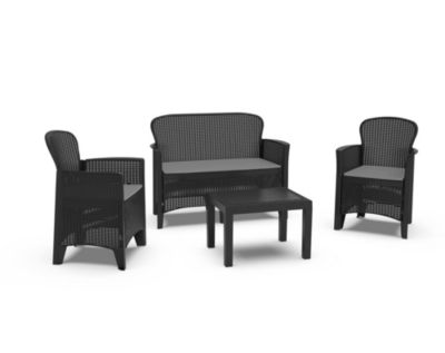 Salon exterieur Debois, Salon de jardin composé de 2 fauteuils, 1 canapé et 1 table, Salon effet rotin avec coussins, Anthracite