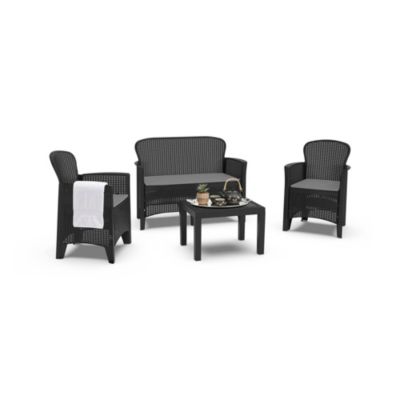 Salon exterieur Ostuni, Salon de jardin compose de 2 fauteuils, 1 canape et 1 table basse, Salon avec coussins, Anthracite