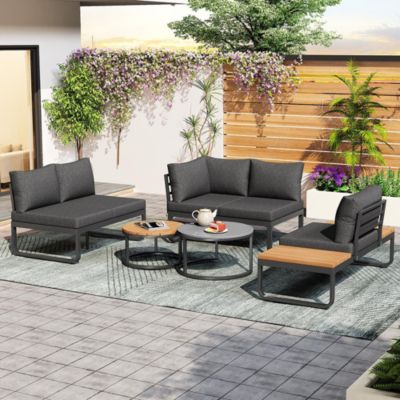 Salon Jardin 4-5 Places 2 Tables Basses Pieds Réglables Gris Blackcolors
