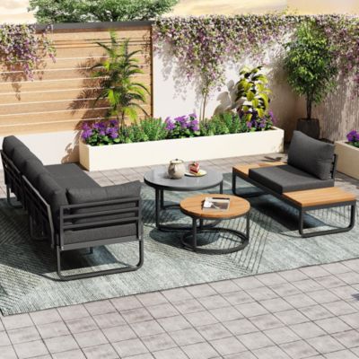 Salon Jardin 4-5 Places 2 Tables Basses Pieds Réglables Gris Blackcolors