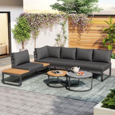 Salon Jardin 4-5 Places 2 Tables Basses Pieds Réglables Gris Blackcolors