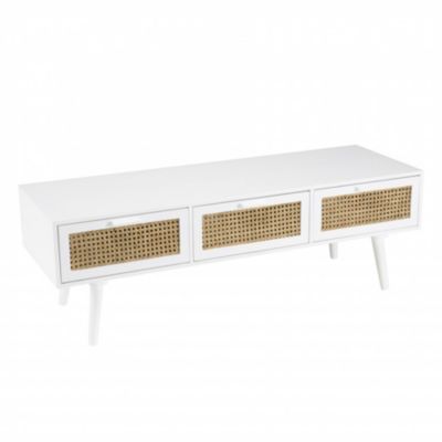 SANDRO - Meuble TV blanc 3 tiroirs cannage naturel
