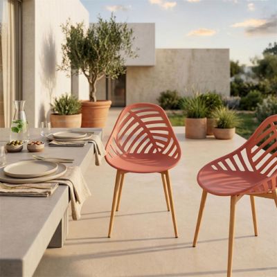 SAORI - Lot de 4 Chaises de Jardin Coque Plastique Ajourée Terracotta Pieds Métal