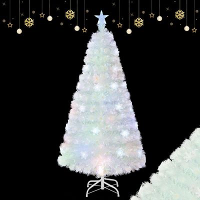 Sapin de Noël Artificiel 150CM Fibre Optique,Arbre de Noël Artificiel avec 24 Lumières LED Forme de Neige,Blanc
