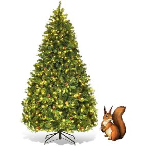 Sapin de Noël Artificiel 225CM Lumineux avec Pommes de Pin Feuilles en PVC PE 540 LED Blanche Chaude Socle en Fer Vert