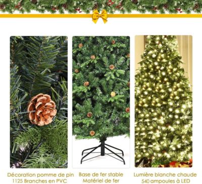 Sapin de Noël Artificiel 225CM Lumineux avec Pommes de Pin Feuilles en PVC PE 540 LED Blanche Chaude Socle en Fer Vert