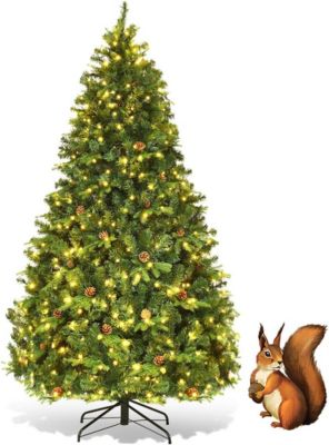 Sapin de Noël Artificiel 240CM Lumineux avec Pommes de Pin Feuilles en PVC PE 600 LED Blanche Chaude Socle en Fer Vert