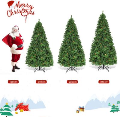Sapin de Noël Artificiel 240CM Lumineux avec Pommes de Pin Feuilles en PVC PE 600 LED Blanche Chaude Socle en Fer Vert
