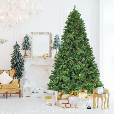 Sapin de Noël Artificiel 240CM Lumineux avec Pommes de Pin Feuilles en PVC PE 600 LED Blanche Chaude Socle en Fer Vert
