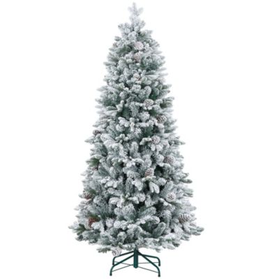 Sapin de Noël artificiel H.180 cm 1489 branches enneigées 33 pommes de pin métal PVC PE vert blanc