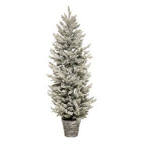 Sapin de Noël artificiel vert floqué blanc et pailleté dans un pot argenté H 150 cm