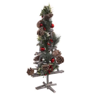Sapin en bois décoré avec branches, boules et pommes de pin H 55 cm