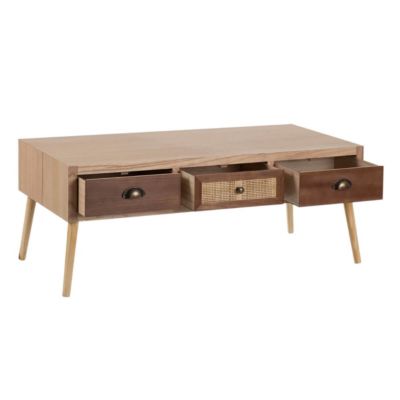 SATO - Table Basse 3 Tiroirs Bois Massif et Façade Rotin