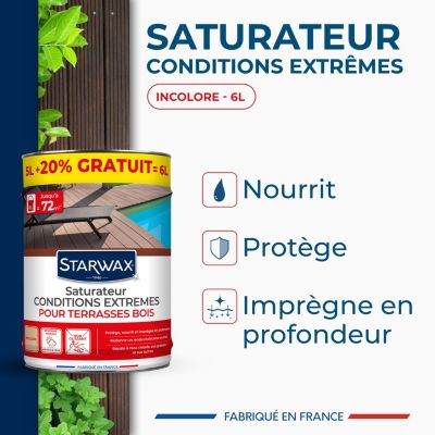 Saturateur extérieur haute protection terrasse en bois Incolore Starwax 5L +20 % gratuit