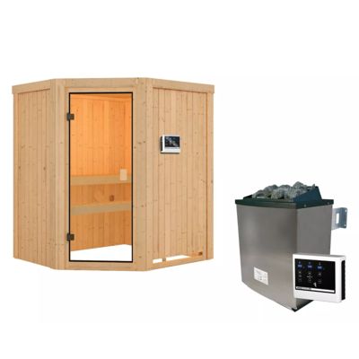 Sauna d'angle 2-3 places 68mm avec poêle 9kW Karibu Faurin en épicéa