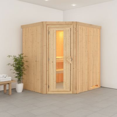 Sauna d'angle 4-5 places 68mm épicéa nordique avec porte isolante Karibu Siirin