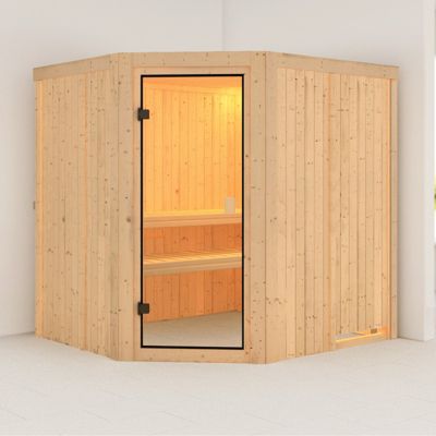 Sauna d'angle 5-6 places 196x178cm poêle 9kW vitrage bronze Karibu BODO