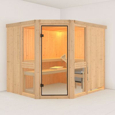 Sauna d'angle bois massif 6-8 places vitré Karibu Amelia 3 - 231x196 cm