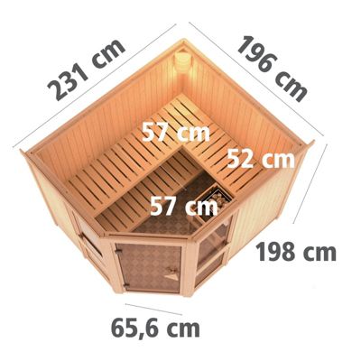 Sauna d'angle bois massif 6-8 places vitré Karibu Amelia 3 - 231x196 cm