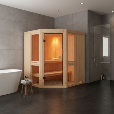 Sauna d'angle en épicéa 196x170 cm 4-6 places avec poêle en option - Karibu Amelia 1