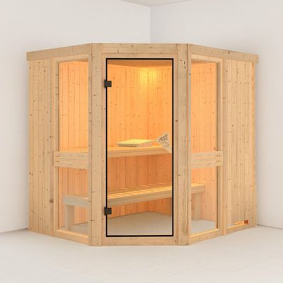 Sauna d'angle en épicéa 196x170 cm 4-6 places avec poêle en option - Karibu Amelia 1